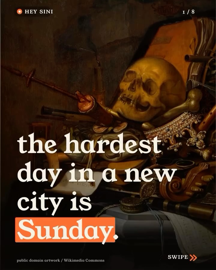 the hardest day in a new city is often Sunday. No timetable, no office, no class, no built-in room. Just the question of who knows you yet. Do not solve the who